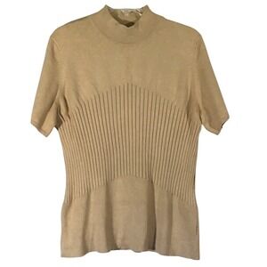 Rena Rowan Tan Silk Angora Blend Mock Neck Short Sleeve Ribbed Knit‎ Top 1X